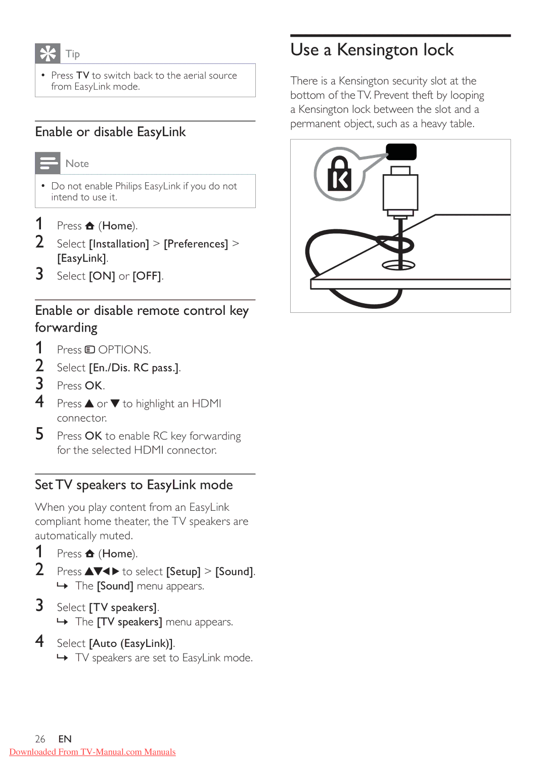 Philips 46PFL5605S/98 Use a Kensington lock, Enable or disable EasyLink, Enable or disable remote control key forwarding 