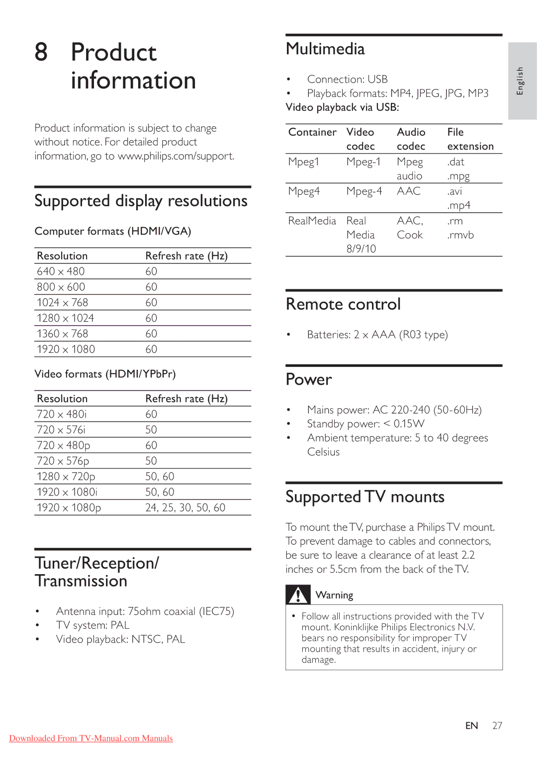 Philips 32PFL5605/98.40PFL5605/98 Supported display resolutions, Tuner/Reception Transmission, Multimedia, Power 