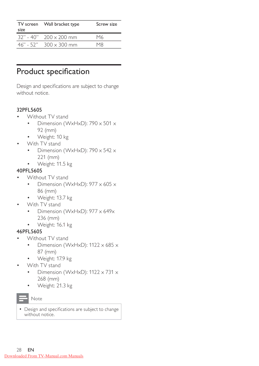 Philips 40PFL5605S/98, 32PFL5605S/98, 46PFL5605/98, 46PFL5605S/98 user manual TV screen Wall bracket type Screw size Size 