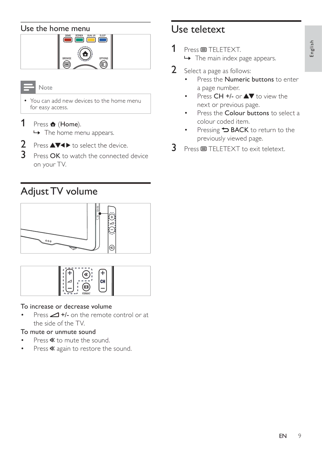 Philips 46PFL5605S/98, 40PFL5605S/98, 40PFL5605/98, 32PFL5605/98 user manual Adjust TV volume, Use teletext, Use the home menu 