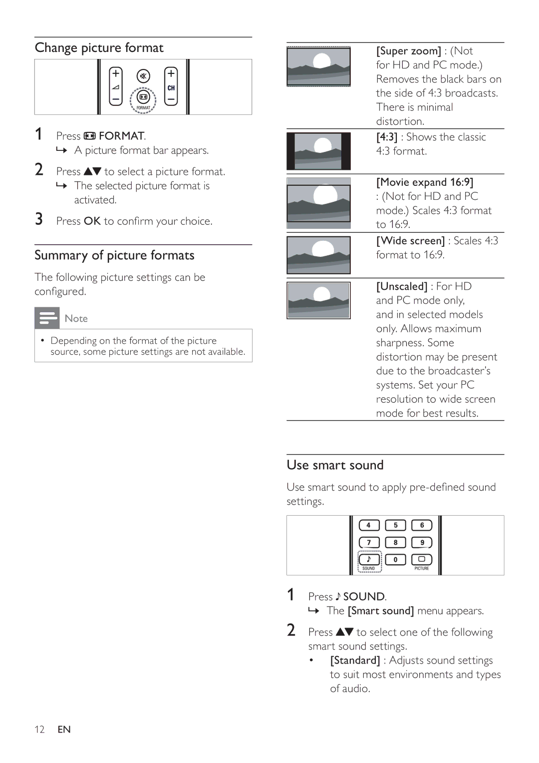 Philips 32PFL5605/98, 40PFL5605S/98, 40PFL5605/98 Change picture format, Summary of picture formats, Use smart sound 