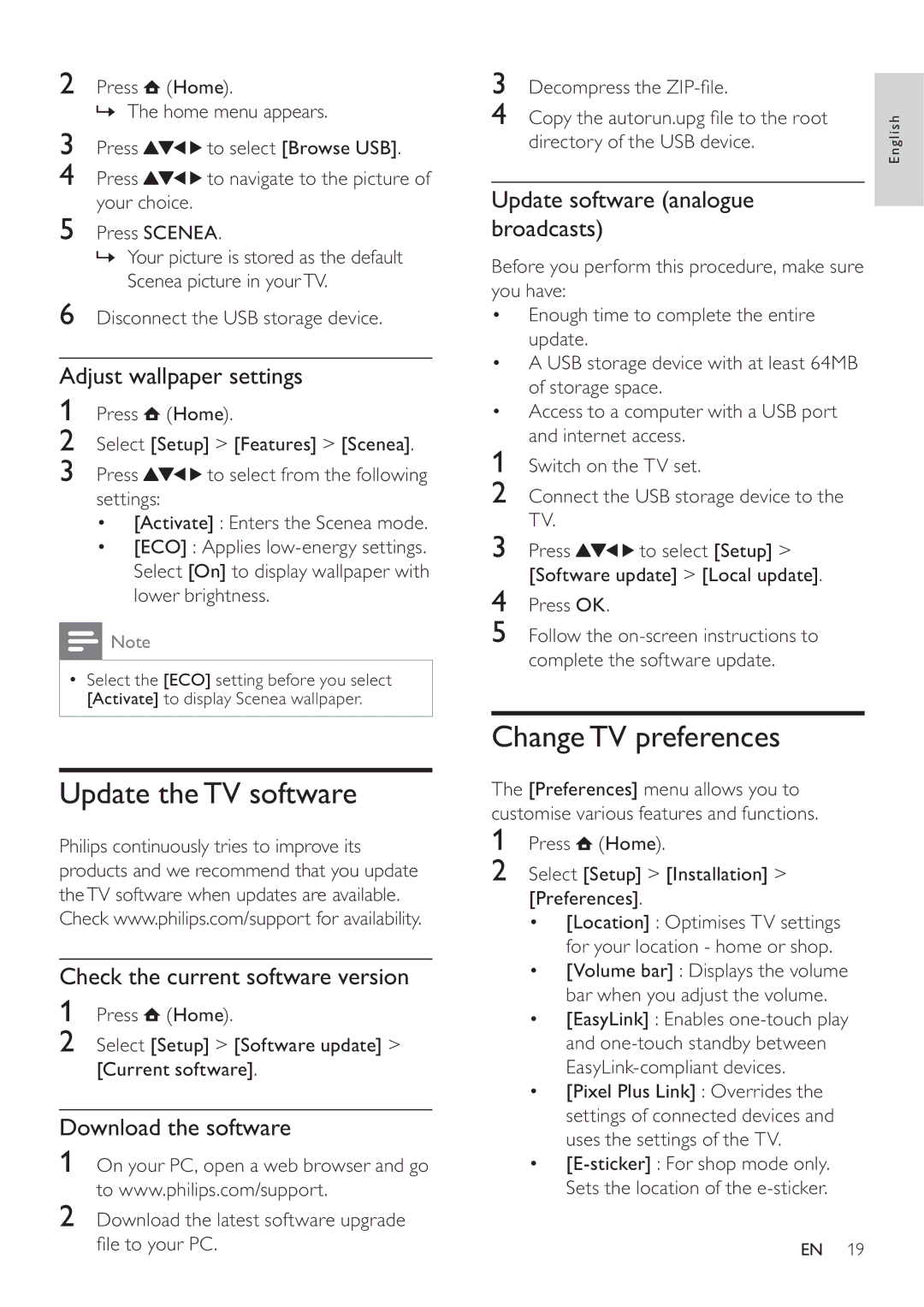 Philips 32PFL5605S/98, 40PFL5605S/98, 40PFL5605/98, 32PFL5605/98, 46PFL5605/98 Update the TV software, Change TV preferences 