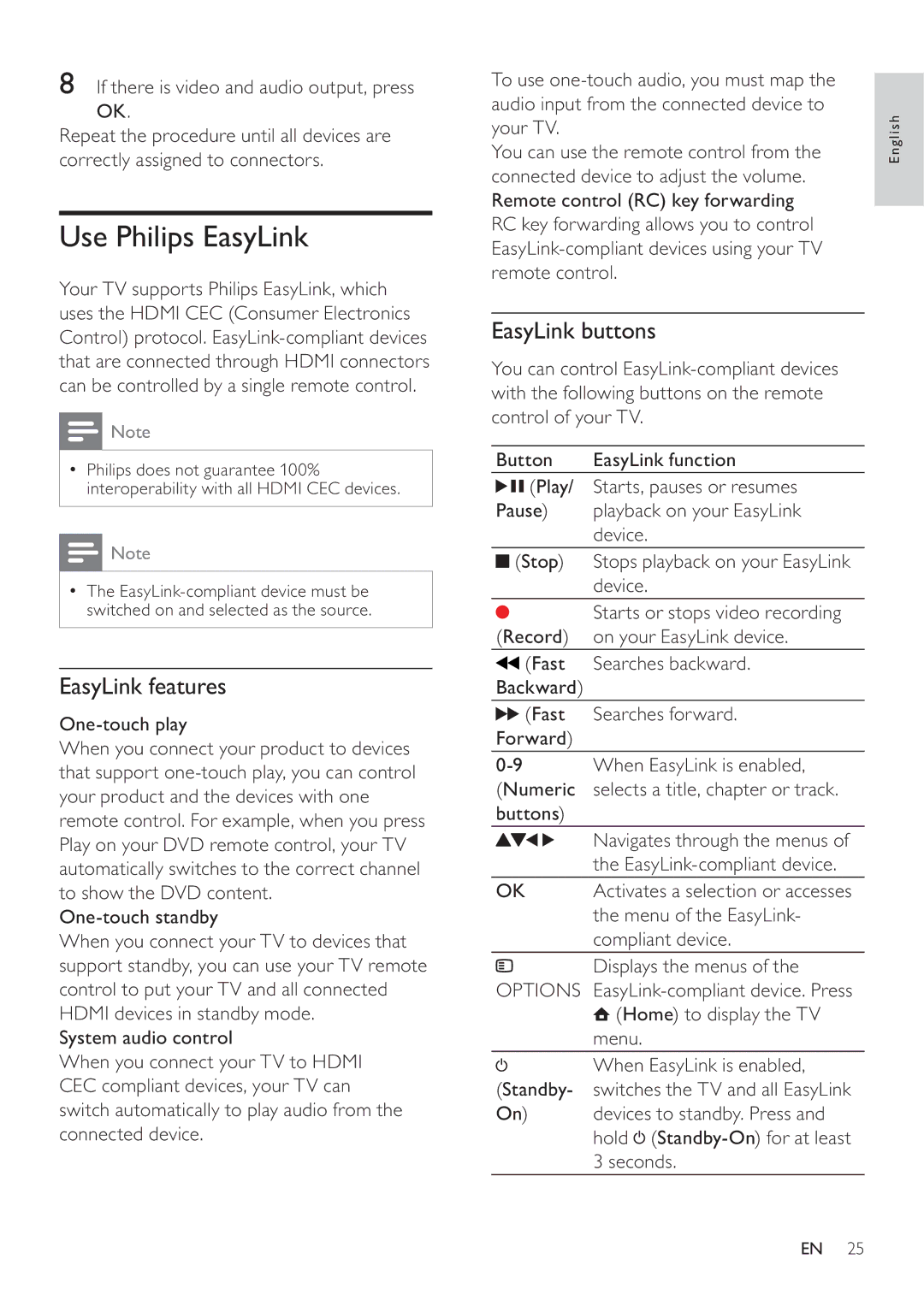 Philips 32PFL5605S/98, 40PFL5605S/98, 40PFL5605/98, 32PFL5605/98 Use Philips EasyLink, EasyLink features, EasyLink buttons 