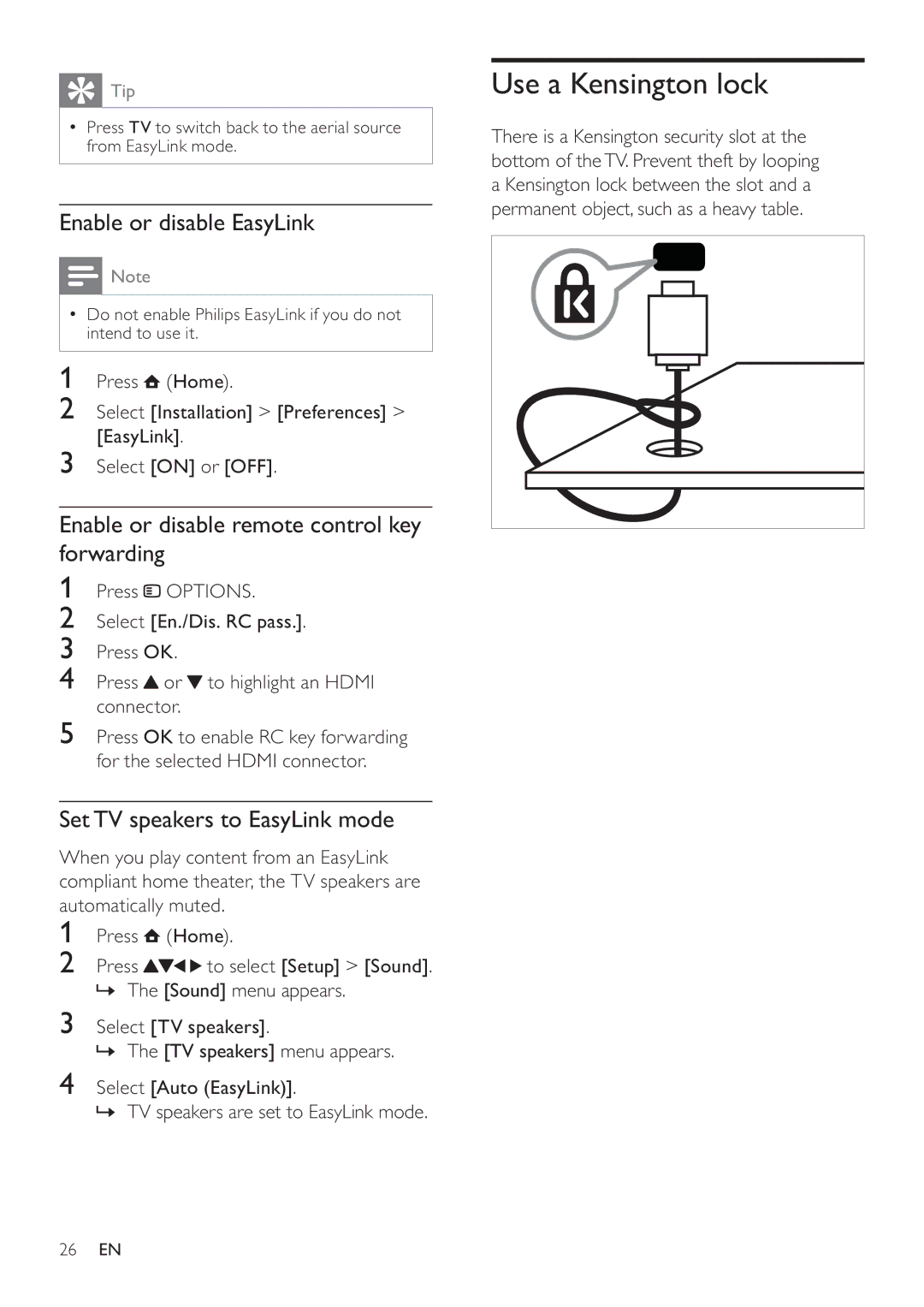 Philips 46PFL5605/98 Use a Kensington lock, Enable or disable EasyLink, Enable or disable remote control key forwarding 