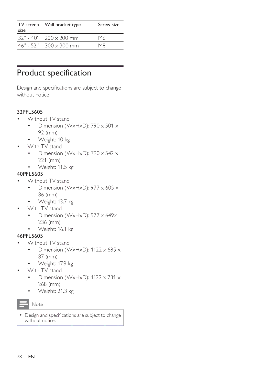 Philips 40PFL5605S/98, 40PFL5605/98, 32PFL5605/98, 32PFL5605S/98, 46PFL5605/98 TV screen Wall bracket type Screw size Size 