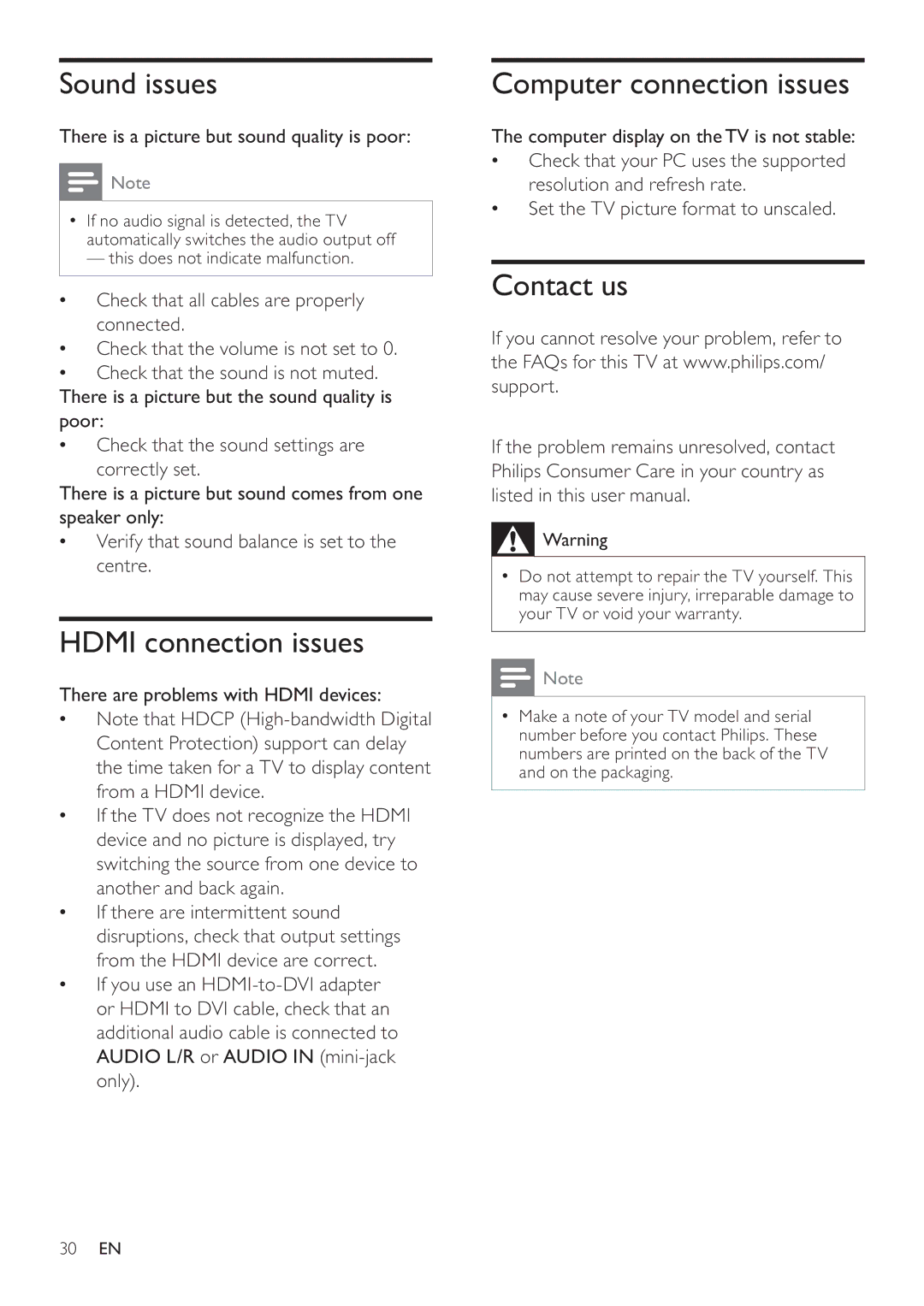 Philips 32PFL5605/98, 40PFL5605S/98 user manual Sound issues, Hdmi connection issues, Computer connection issues, Contact us 