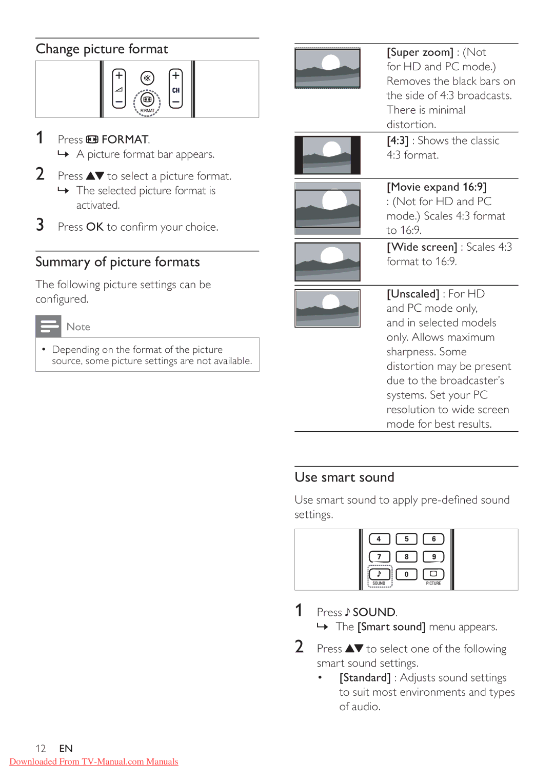 Philips 32PFL5605/98, 40PFL5605S/98, 40PFL5605/98 Change picture format, Summary of picture formats, Use smart sound 