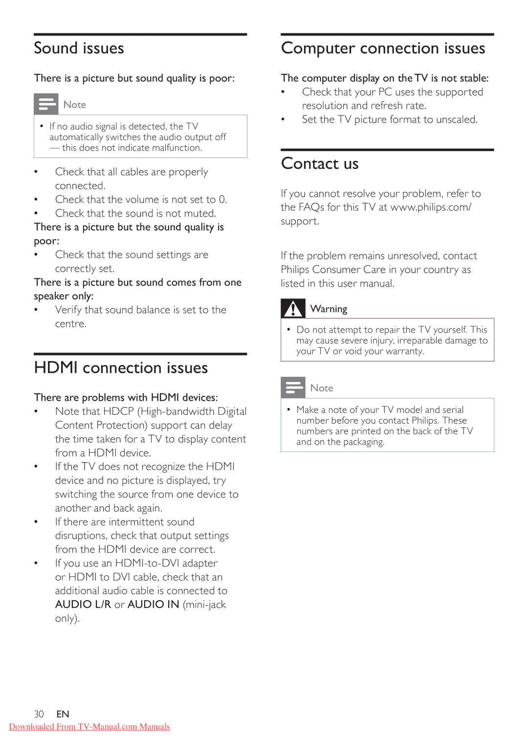 Philips 32PFL5605/98, 40PFL5605S/98 user manual Sound issues, Hdmi connection issues, Computer connection issues, Contact us 