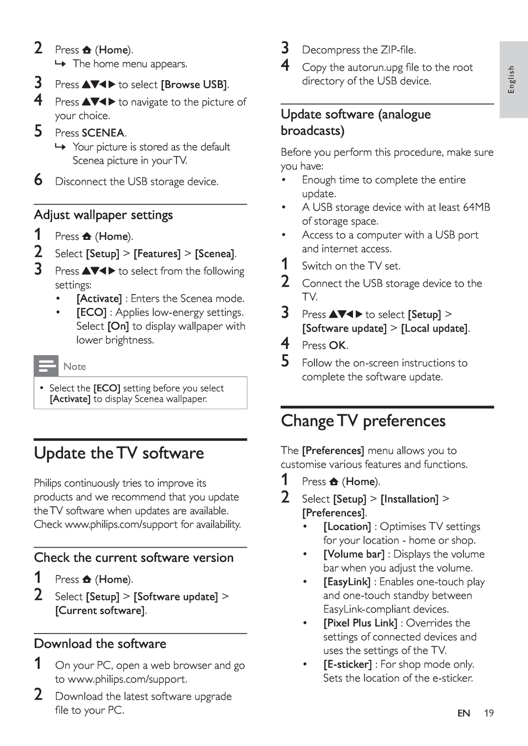 Philips 32PFL5605S/98 Update the TV software, Change TV preferences, Adjust wallpaper settings, Download the software 