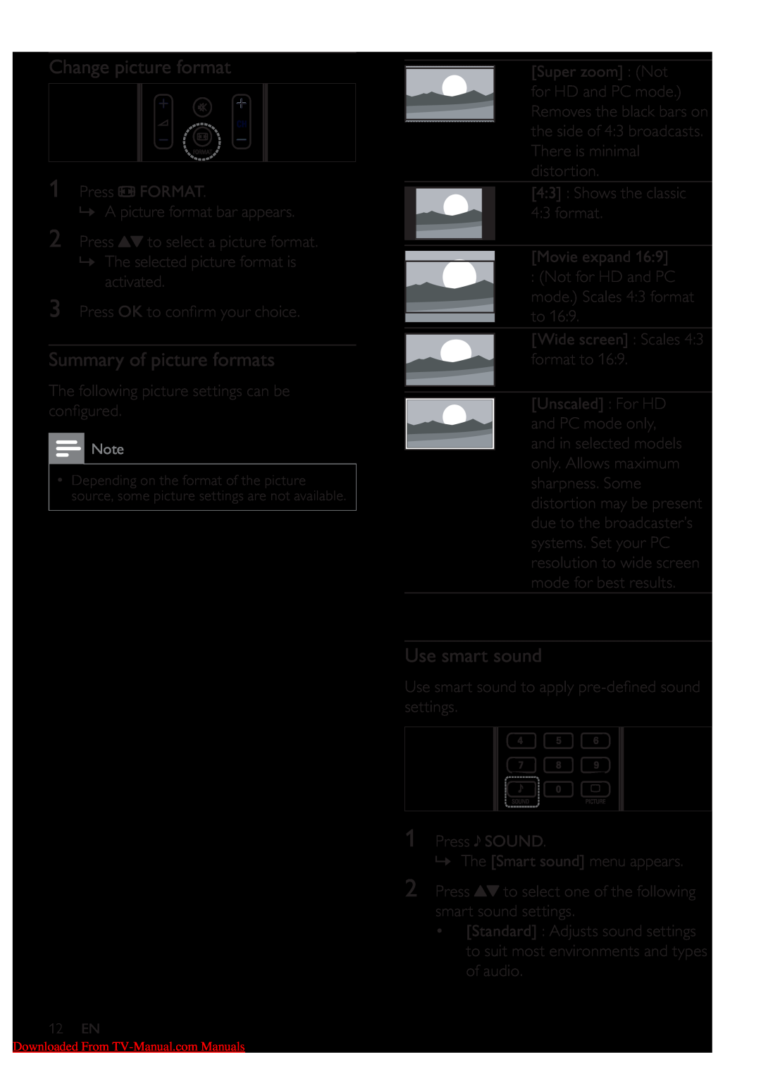 Philips 32PFL5605/98, 40PFL5605S/98, 40PFL5605/98 Change picture format, Summary of picture formats, Use smart sound 