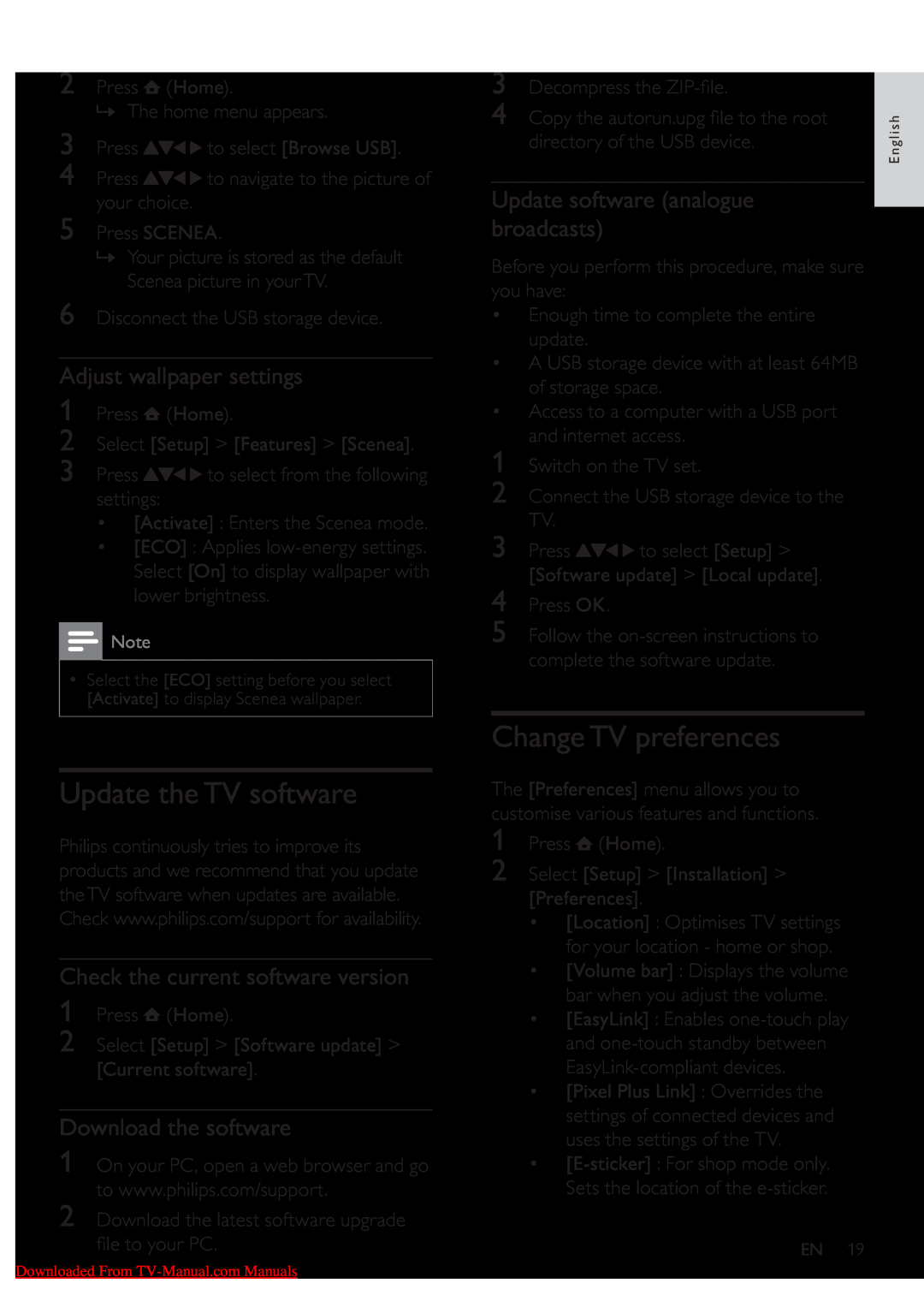 Philips 32PFL5605S/98 Update the TV software, Change TV preferences, Adjust wallpaper settings, Download the software 