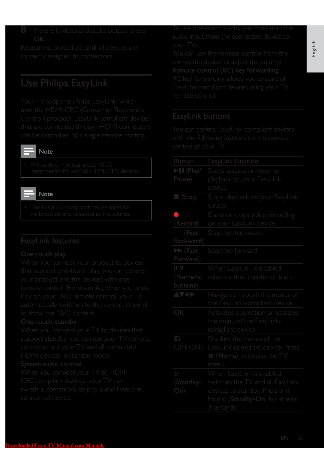 Philips 32PFL5605S/98, 40PFL5605S/98, 40PFL5605/98, 32PFL5605/98 Use Philips EasyLink, EasyLink features, EasyLink buttons 