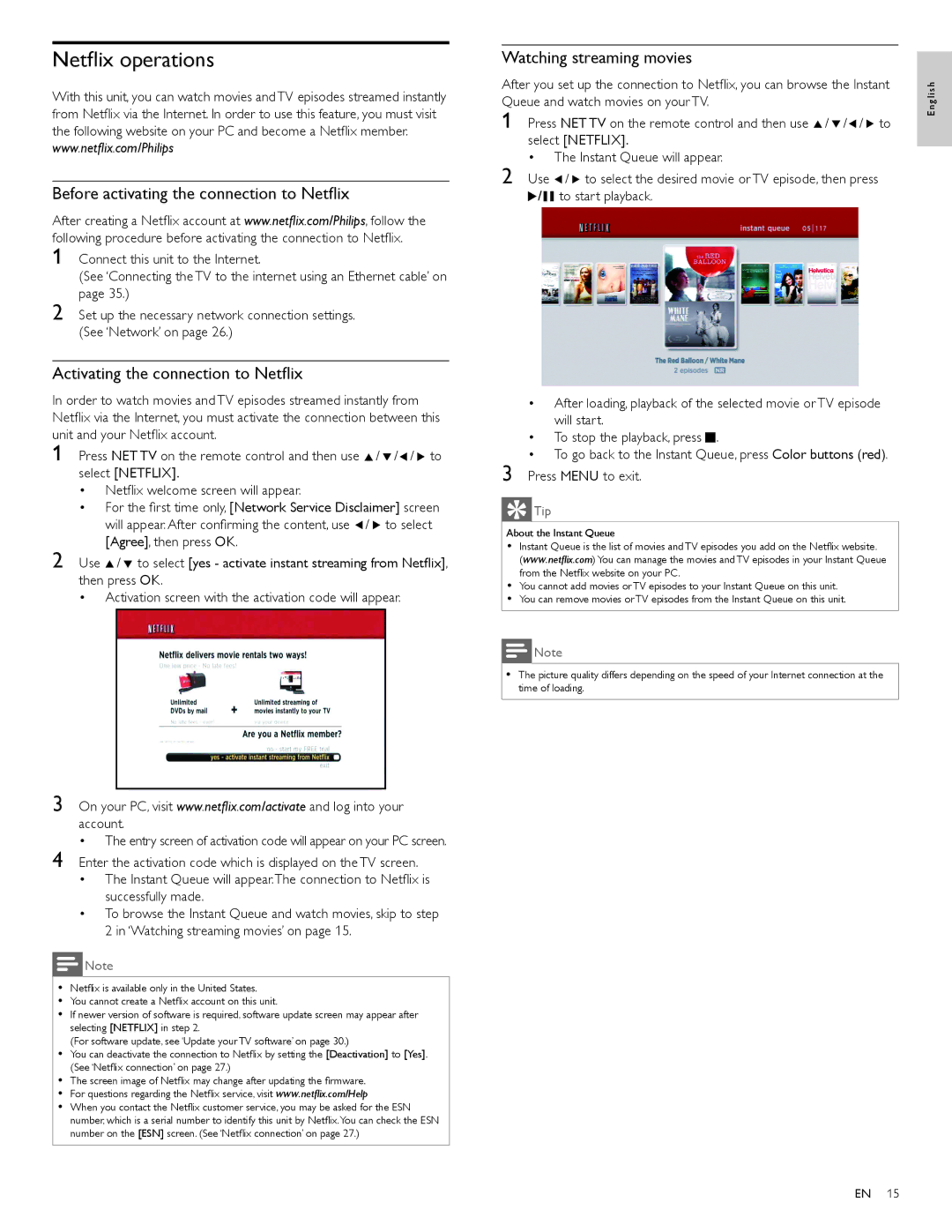 Philips 46PFL5705D Netﬂix operations, Before activating the connection to Netﬂix, Activating the connection to Netﬂix 