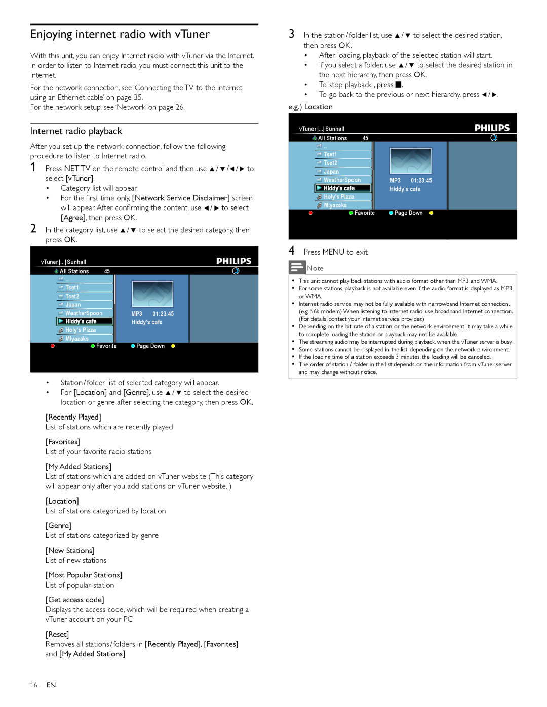 Philips 55PFL5705D, 40PFL5705D, 46PFL5705D user manual Enjoying internet radio with vTuner, Internet radio playback 