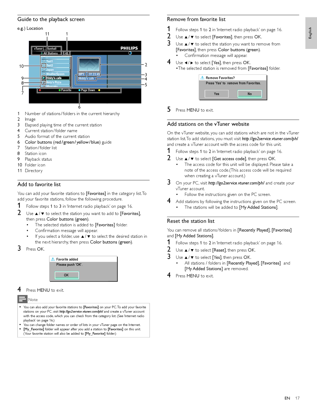 Philips 40PFL5705D Guide to the playback screen, Remove from favorite list, Add to favorite list, Reset the station list 