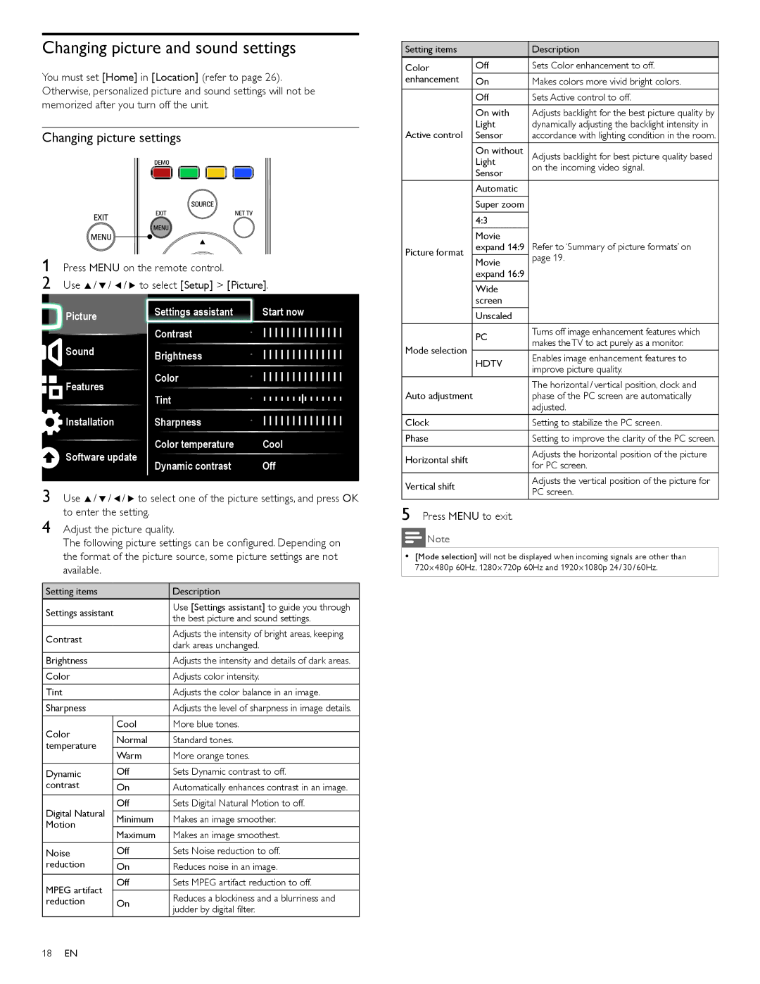 Philips 46PFL5705D, 40PFL5705D, 55PFL5705D user manual Changing picture and sound settings, Changing picture settings 