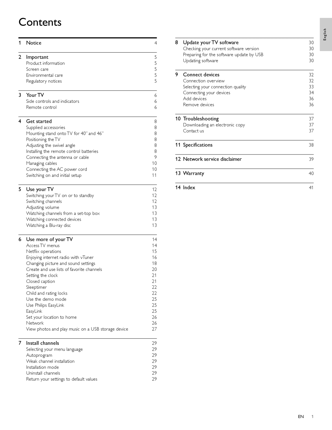 Philips 55PFL5705D, 40PFL5705D, 46PFL5705D user manual Contents 