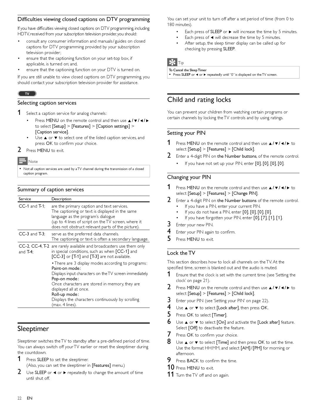 Philips 55PFL5705D, 40PFL5705D, 46PFL5705D user manual Child and rating locks, Sleeptimer 