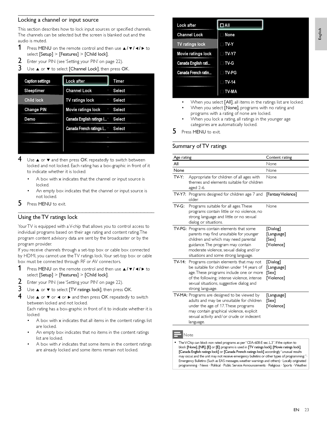 Philips 40PFL5705D, 46PFL5705D Locking a channel or input source, Using the TV ratings lock, Summary of TV ratings 