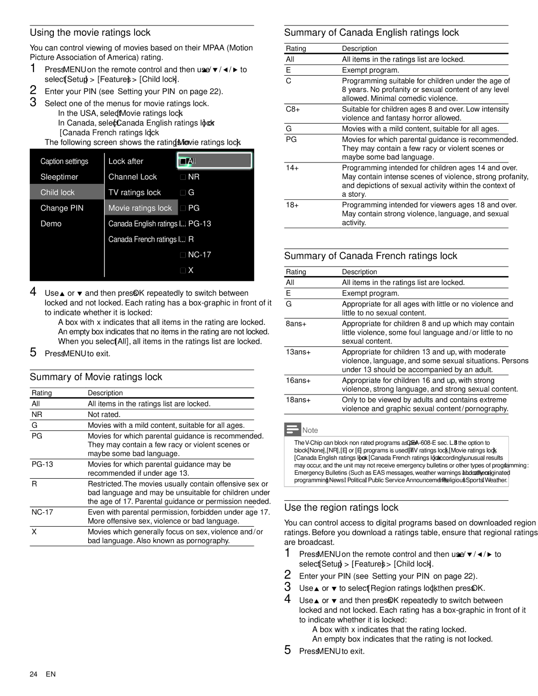 Philips 46PFL5705D Using the movie ratings lock, Summary of Canada English ratings lock, Summary of Movie ratings lock 