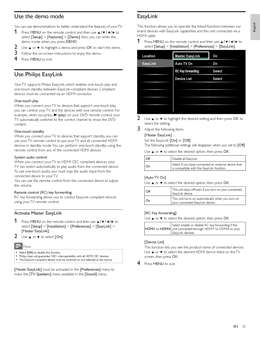 Philips 55PFL5705D, 40PFL5705D, 46PFL5705D user manual Use the demo mode, Use Philips EasyLink, Activate Master EasyLink 