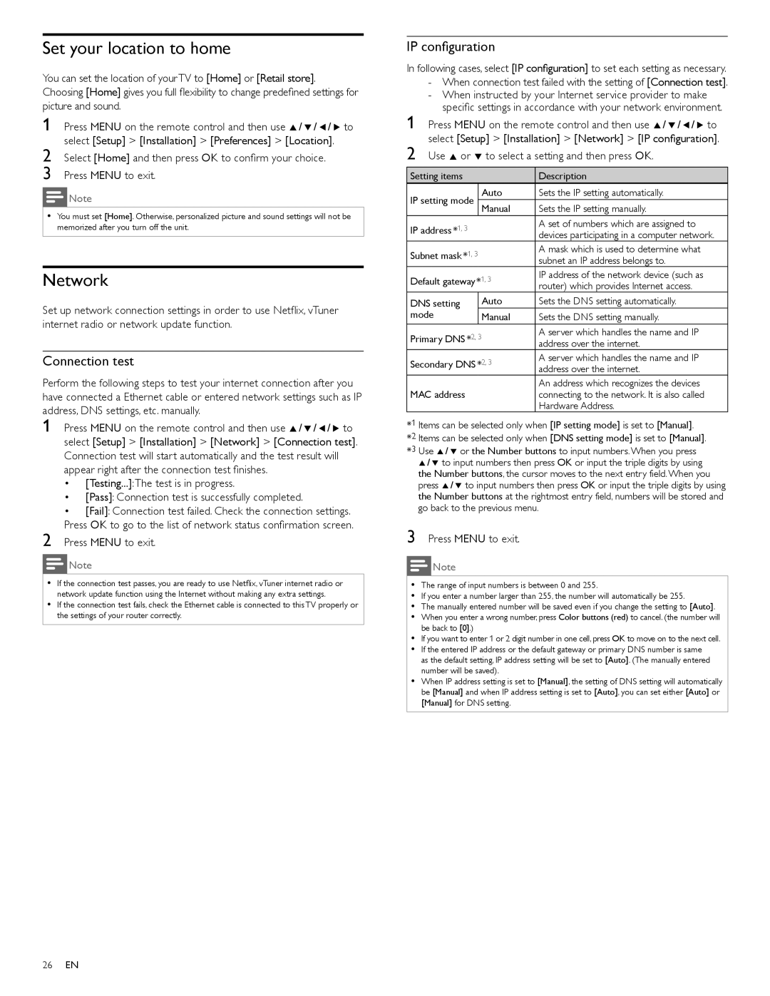 Philips 40PFL5705D, 46PFL5705D, 55PFL5705D user manual Set your location to home, Network, Connection test, IP conﬁguration 