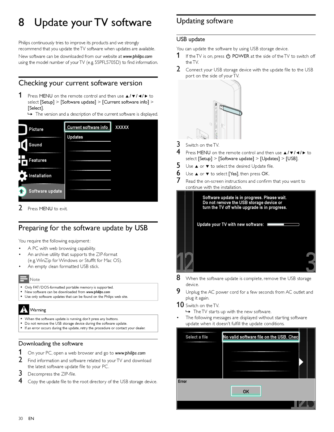 Philips 46PFL5705D, 40PFL5705D Update your TV software, Checking your current software version, Updating software 