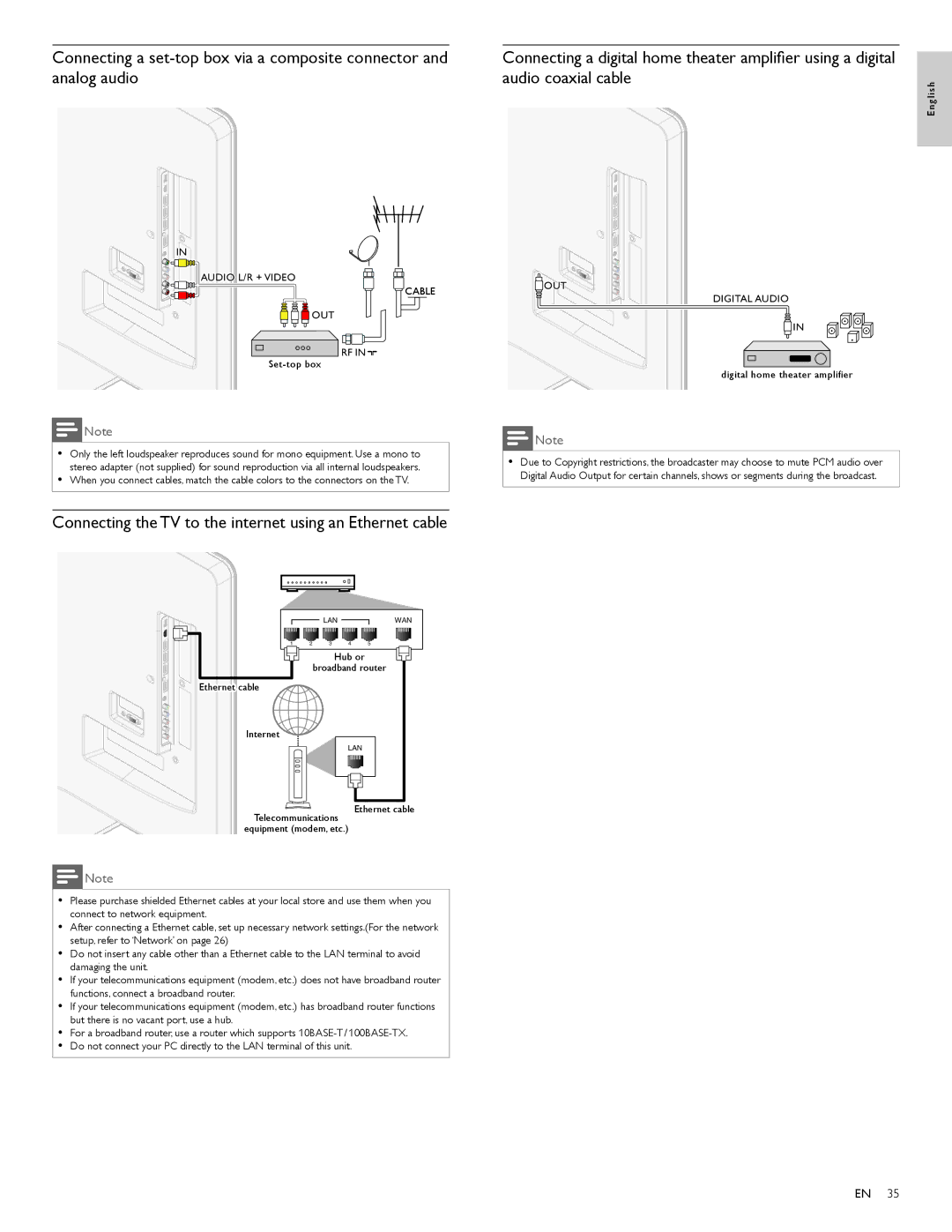 Philips 40PFL5705D, 46PFL5705D, 55PFL5705D Connecting the TV to the internet using an Ethernet cable, Audio coaxial cable 