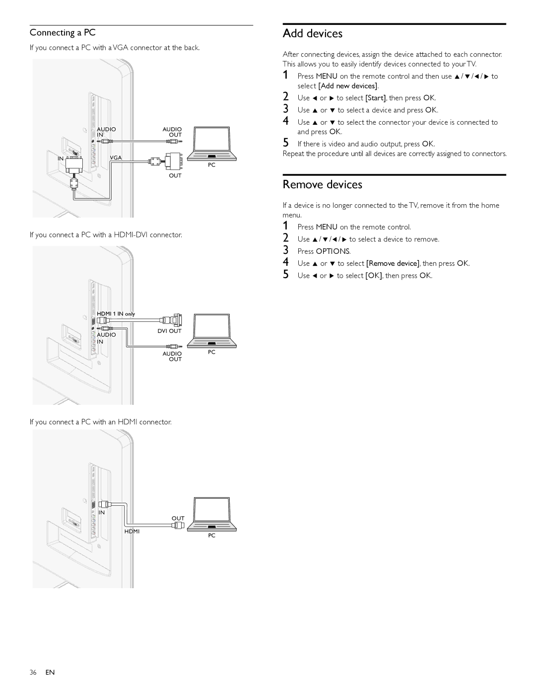 Philips 46PFL5705D Add devices, Remove devices, Connecting a PC, If you connect a PC with a VGA connector at the back 