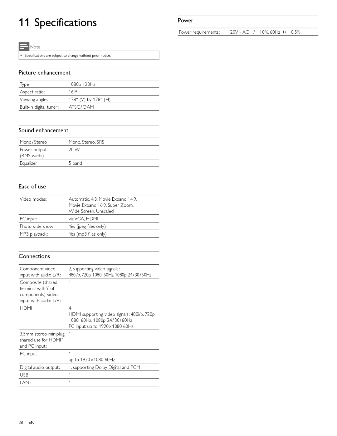 Philips 40PFL5705D, 46PFL5705D, 55PFL5705D user manual Specifications 