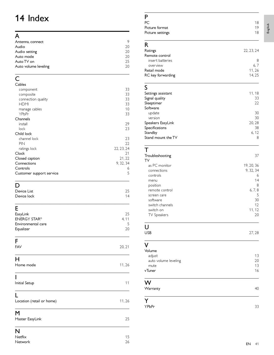 Philips 40PFL5705D, 46PFL5705D, 55PFL5705D user manual Index, Pin, Energy Star, Fav, Usb 