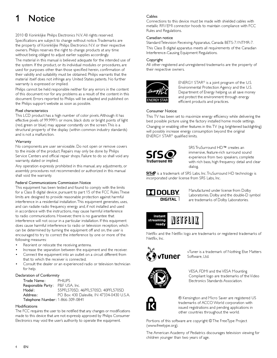 Philips 55PFL5705D, 40PFL5705D, 46PFL5705D user manual Philips 