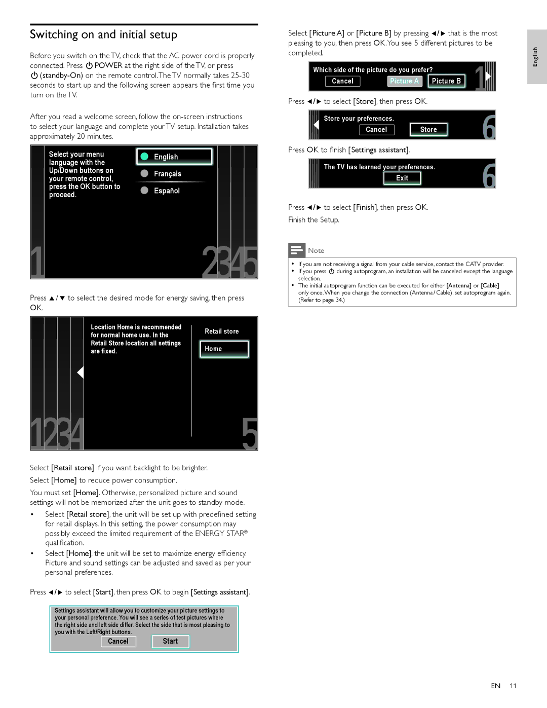 Philips 40PFL5705DV, 46PFL5705DV/F7 user manual Switching on and initial setup, Press Í/Æ to select Store, then press OK 