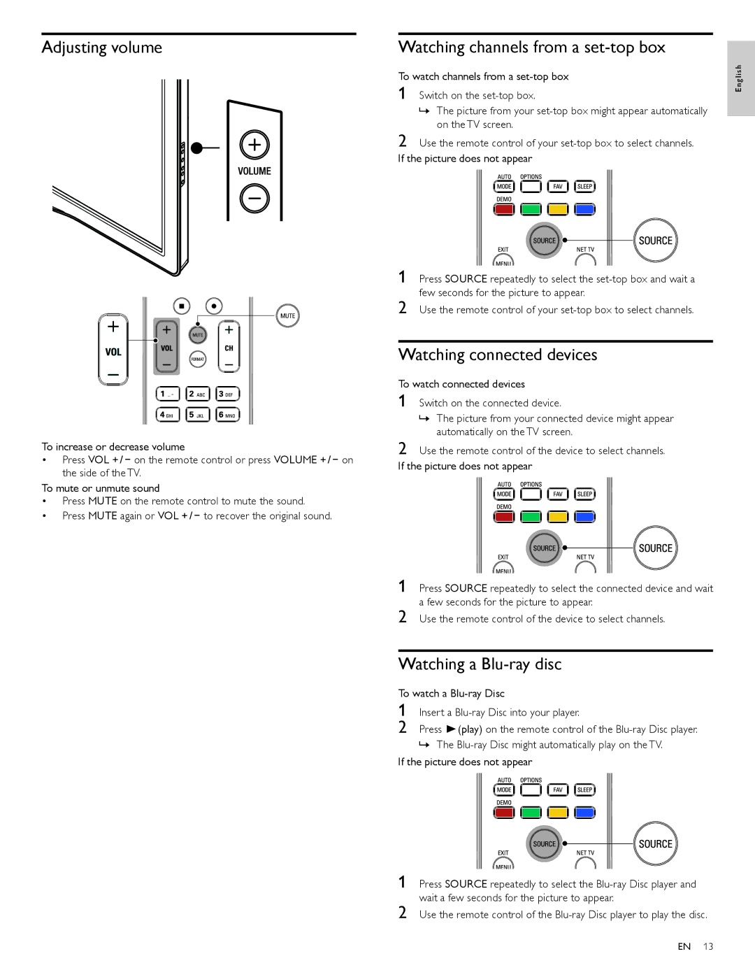 Philips 46PFL5705DV/F7, 40PFL5705DV Adjusting volume, Watching channels from a set-top box, Watching connected devices 