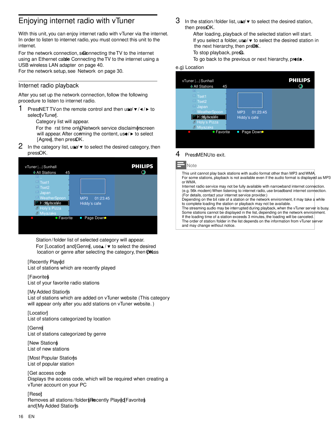 Philips 40PFL5705DV, 46PFL5705DV/F7, 55PFL5705DV user manual Enjoying internet radio with vTuner, Internet radio playback 