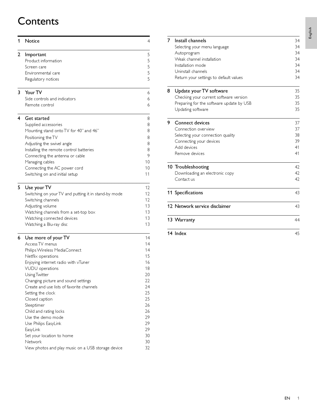 Philips 46PFL5705DV/F7, 40PFL5705DV, 55PFL5705DV user manual Contents 