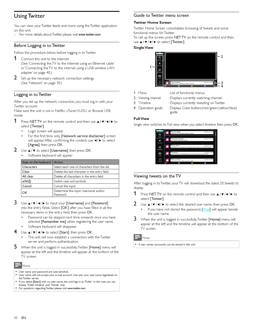 Philips 46PFL5705DV Using Twitter, Before Logging in to Twitter, Guide to Twitter menu screen, Viewing tweets on the TV 