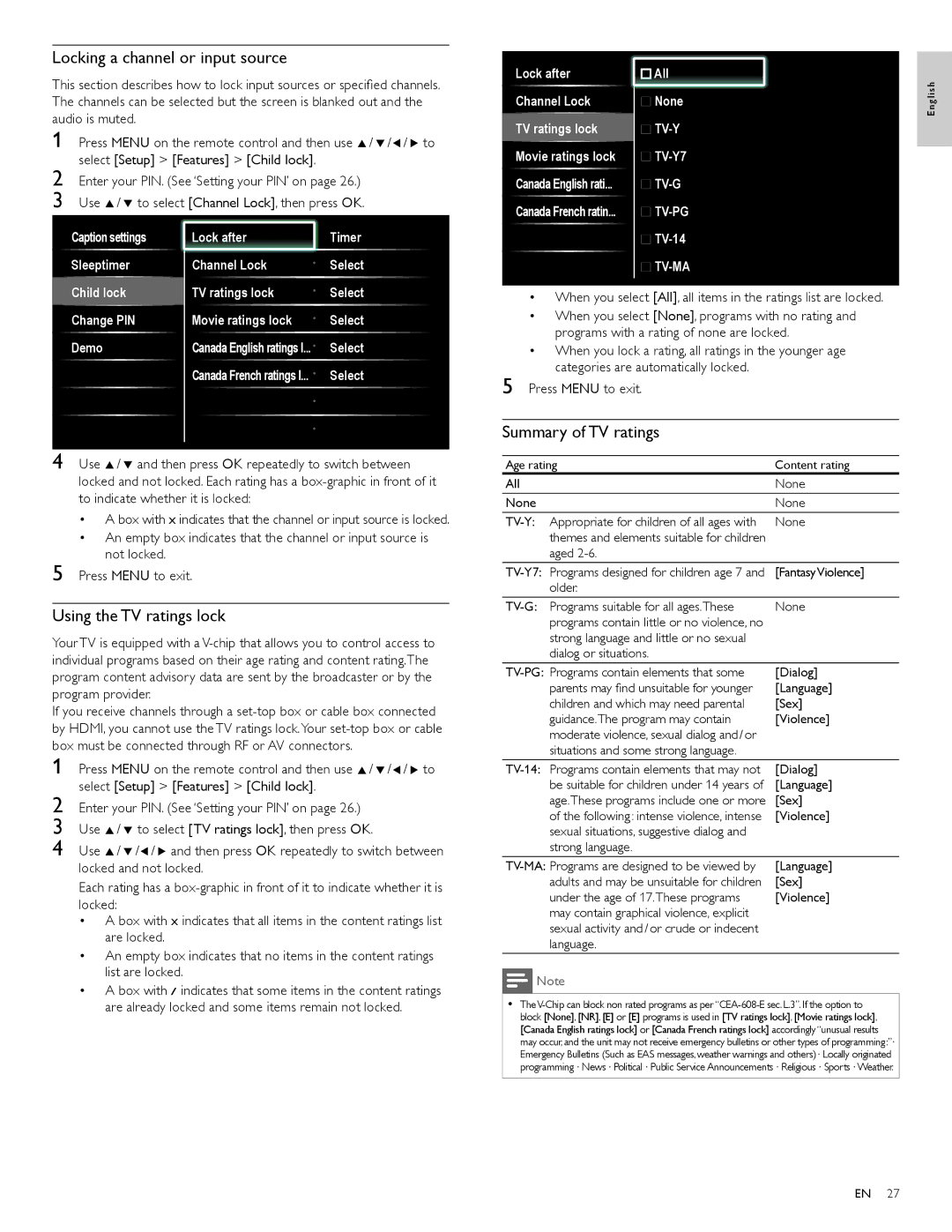 Philips 40PFL5705DV, 46PFL5705DV Locking a channel or input source, Using the TV ratings lock, Summary of TV ratings 