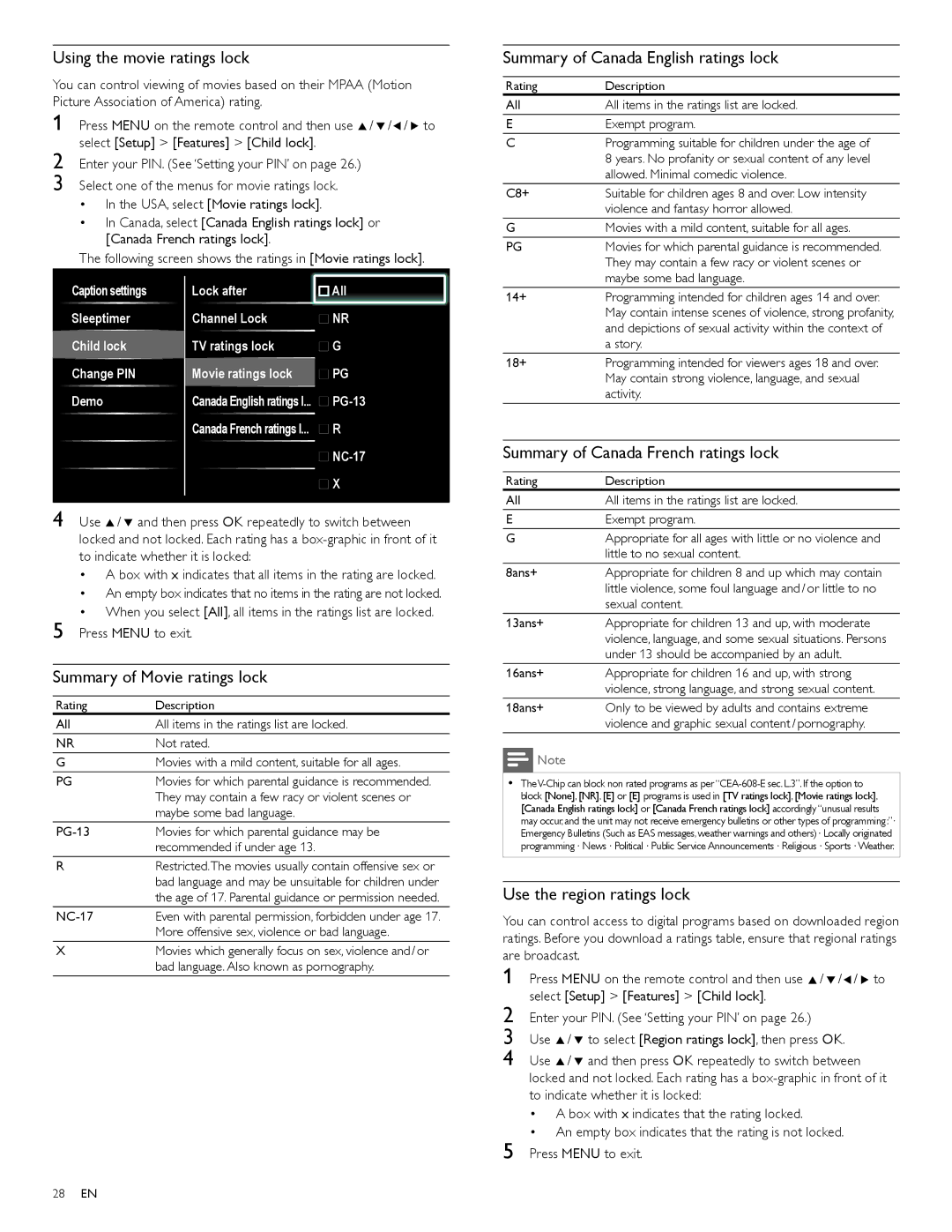 Philips 46PFL5705DV Using the movie ratings lock, Summary of Canada English ratings lock, Summary of Movie ratings lock 