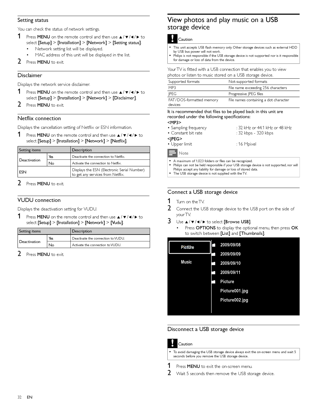 Philips 40PFL5705DV, 46PFL5705DV/F7, 55PFL5705DV user manual View photos and play music on a USB storage device 