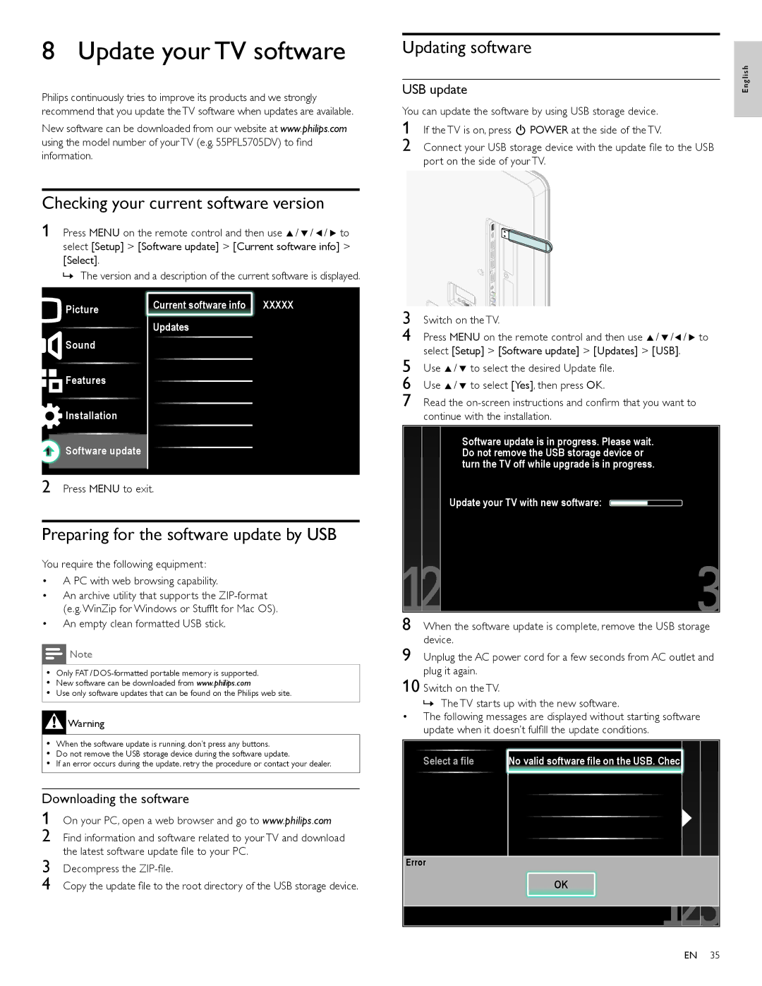 Philips 40PFL5705DV Updating software, Preparing for the software update by USB, USB update, Downloading the software 