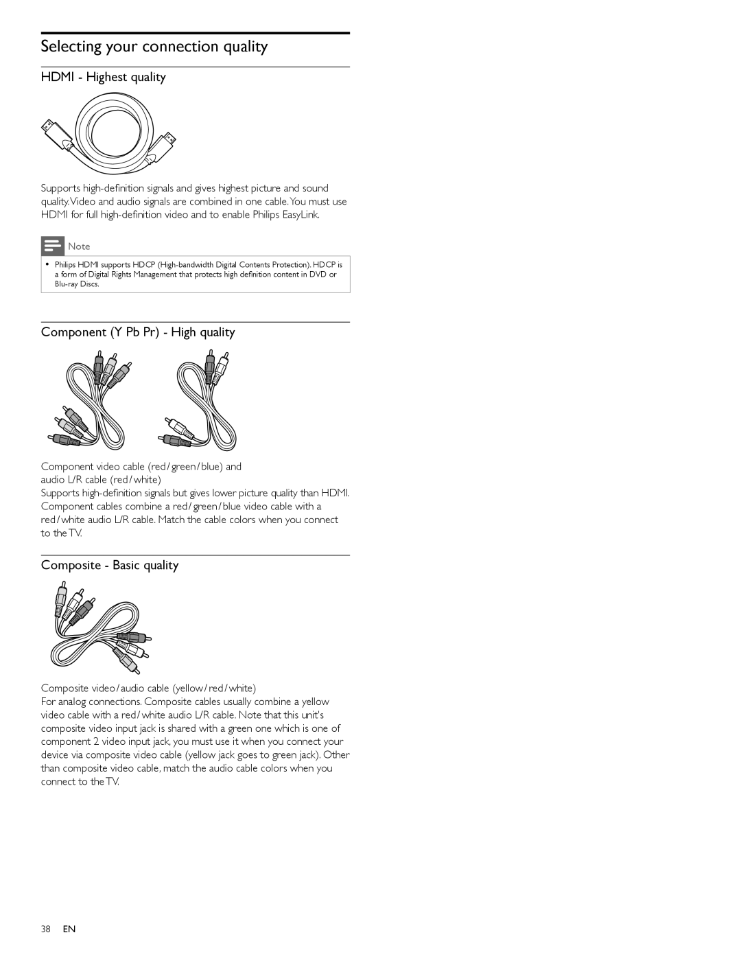 Philips 55PFL5705DV, 40PFL5705DV Selecting your connection quality, Hdmi Highest quality, Component Y Pb Pr High quality 