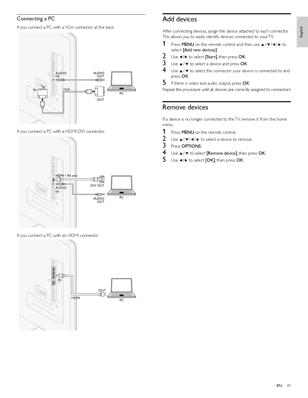 Philips 46PFL5705DV/F7 Add devices, Remove devices, Connecting a PC, If you connect a PC with a VGA connector at the back 