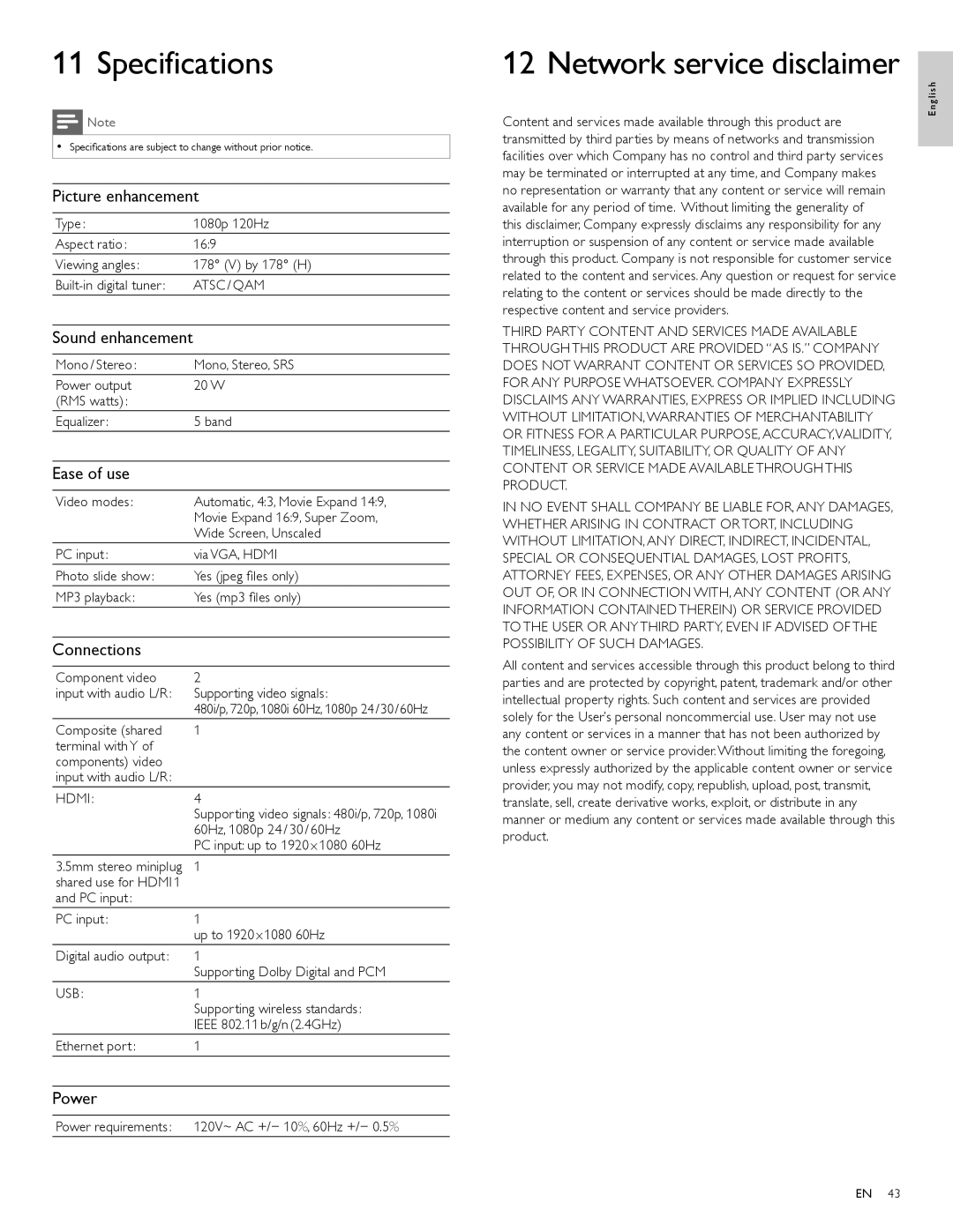 Philips 40PFL5705DV, 46PFL5705DV/F7, 55PFL5705DV user manual Specifications 