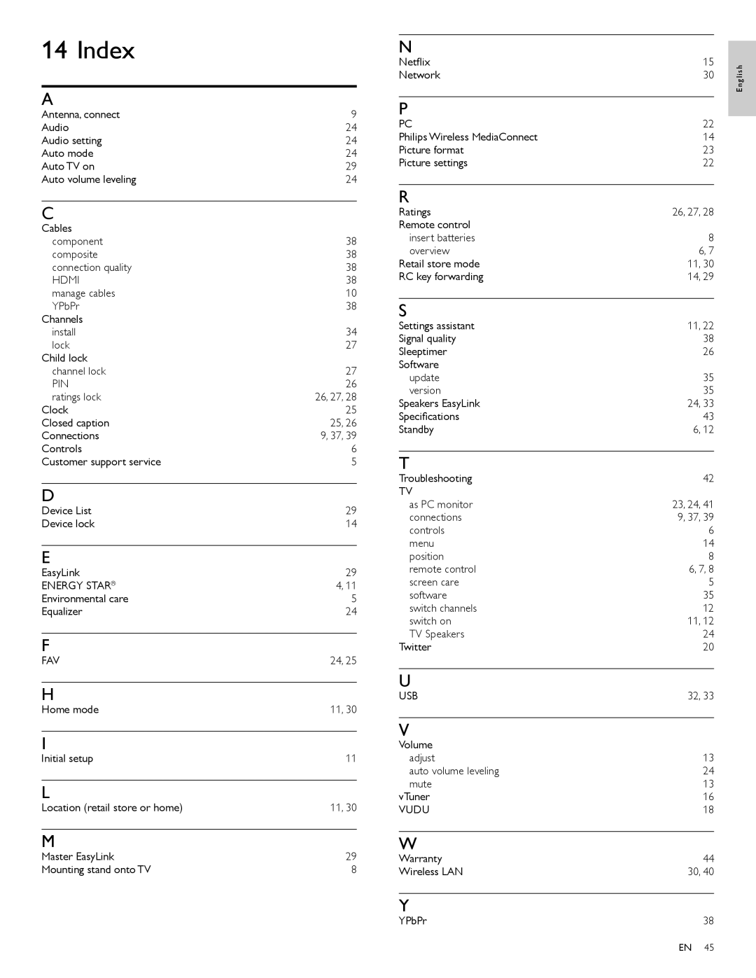 Philips 46PFL5705DV/F7, 40PFL5705DV, 55PFL5705DV user manual Index, Pin, Energy Star, Fav, Vudu 