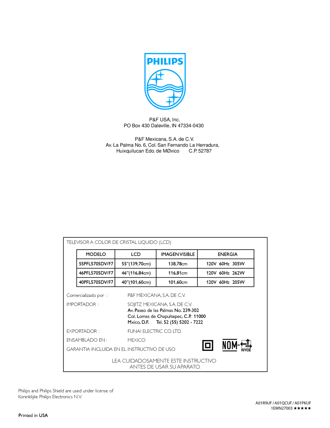 Philips 55PFL5705DV, 40PFL5705DV user manual Televisor a Color DE Cristal Liquido LCD Modelo, Energia, Mexicana, S.A. De C.V 