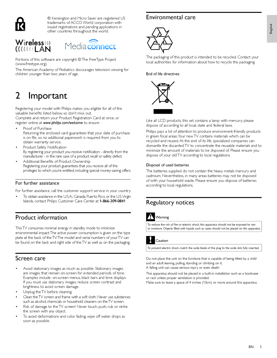 Philips 46PFL5705DV/F7 Environmental care, Product information, Screen care, Regulatory notices, For further assistance 
