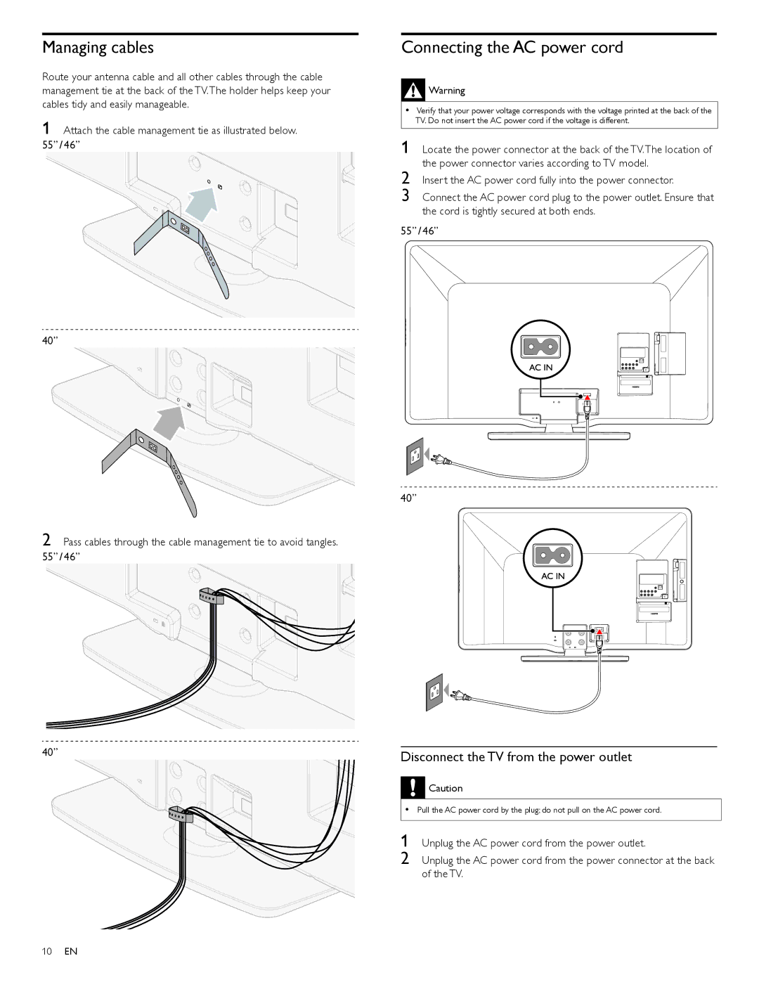 Philips 55PFL5706, 40PFL5706 Managing cables, Connecting the AC power cord, Disconnect the TV from the power outlet, 10 EN 