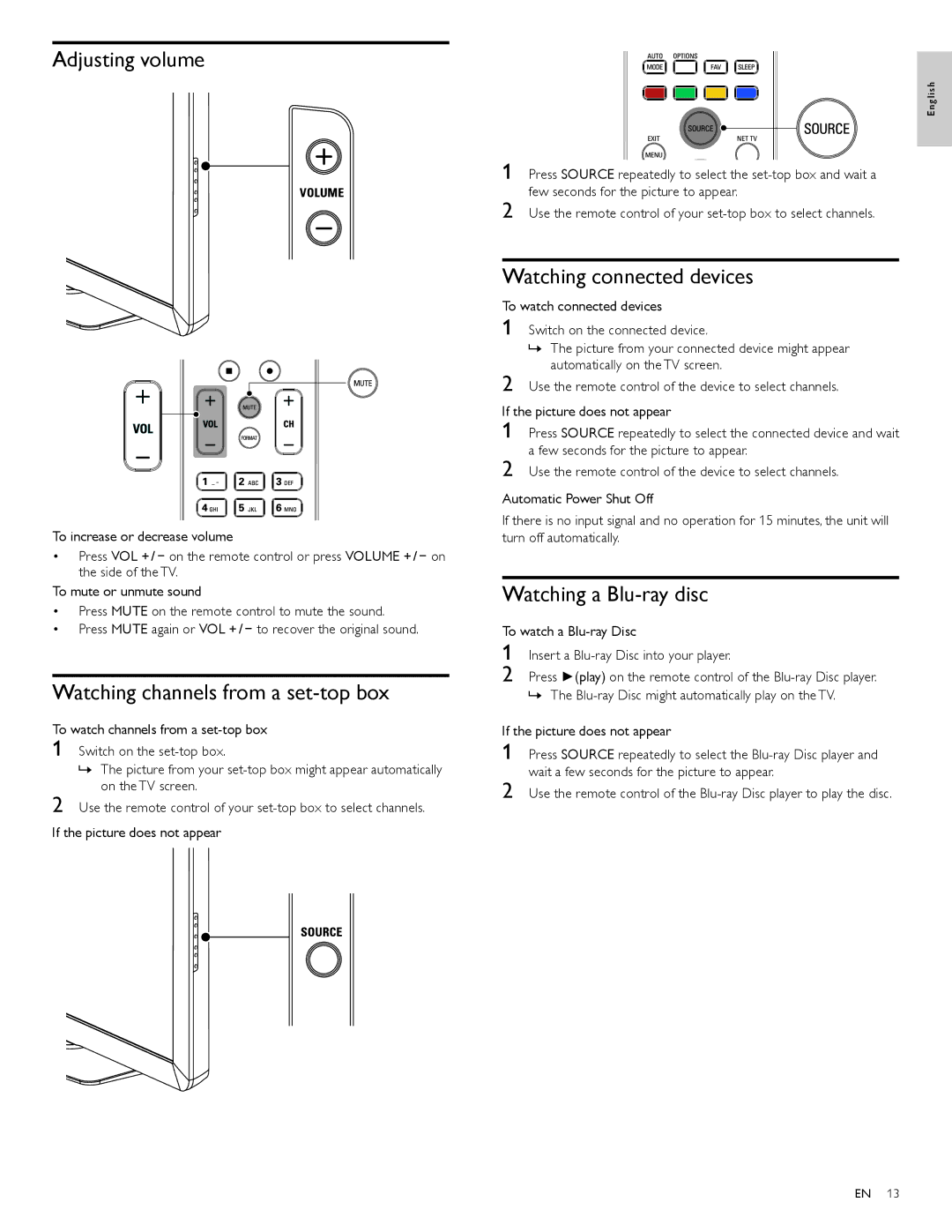 Philips 55PFL5706, 40PFL5706, 46PFL5706 Adjusting volume, Watching channels from a set-top box, Watching connected devices 