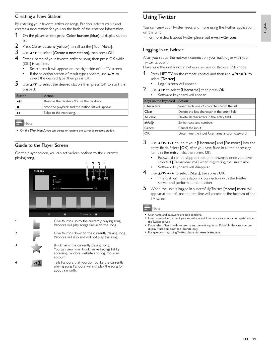 Philips 55PFL5706, 40PFL5706 Using Twitter, Creating a New Station, Guide to the Player Screen, Logging in to Twitter 